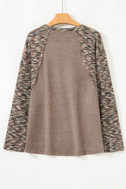 Dark Khaki Contrast Trim V Neck Long Sleeve Patchwork Loose Top