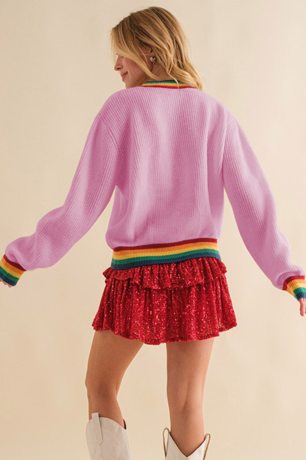 Festive Glitter Stripe Trim Casual Sweater