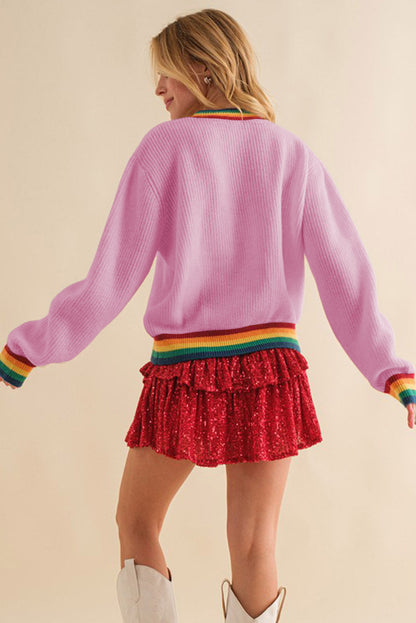 Festive Glitter Stripe Trim Casual Sweater