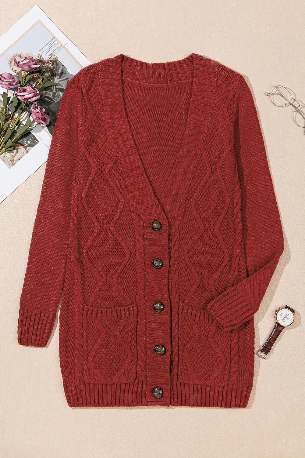 Burgundy Front Pocket and Buttons Closure Cardigan