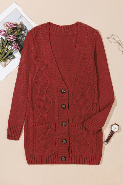 Burgundy Front Pocket and Buttons Closure Cardigan