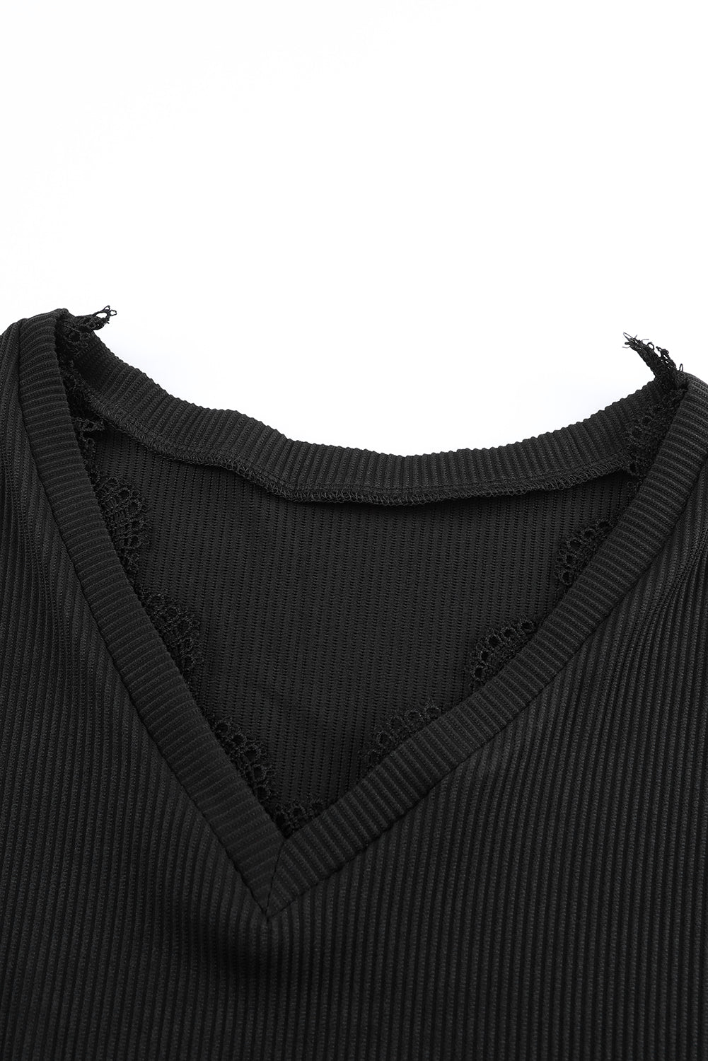 Elegant Black V Neck Lace Trim Ribbed Top with Long Sleeves