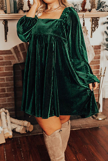 Blackish Green Textured Velvet Square Neck Bubble Sleeve Plus Mini Dress