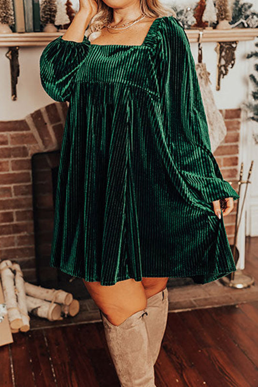 Blackish Green Textured Velvet Square Neck Bubble Sleeve Plus Mini Dress