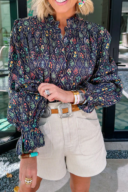 Blue Floral Print Flounced Long Puff Sleeve Blouse