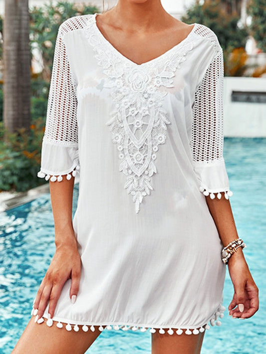 White Crochet Pom Pom Trim Beach Tunic Shift Dress