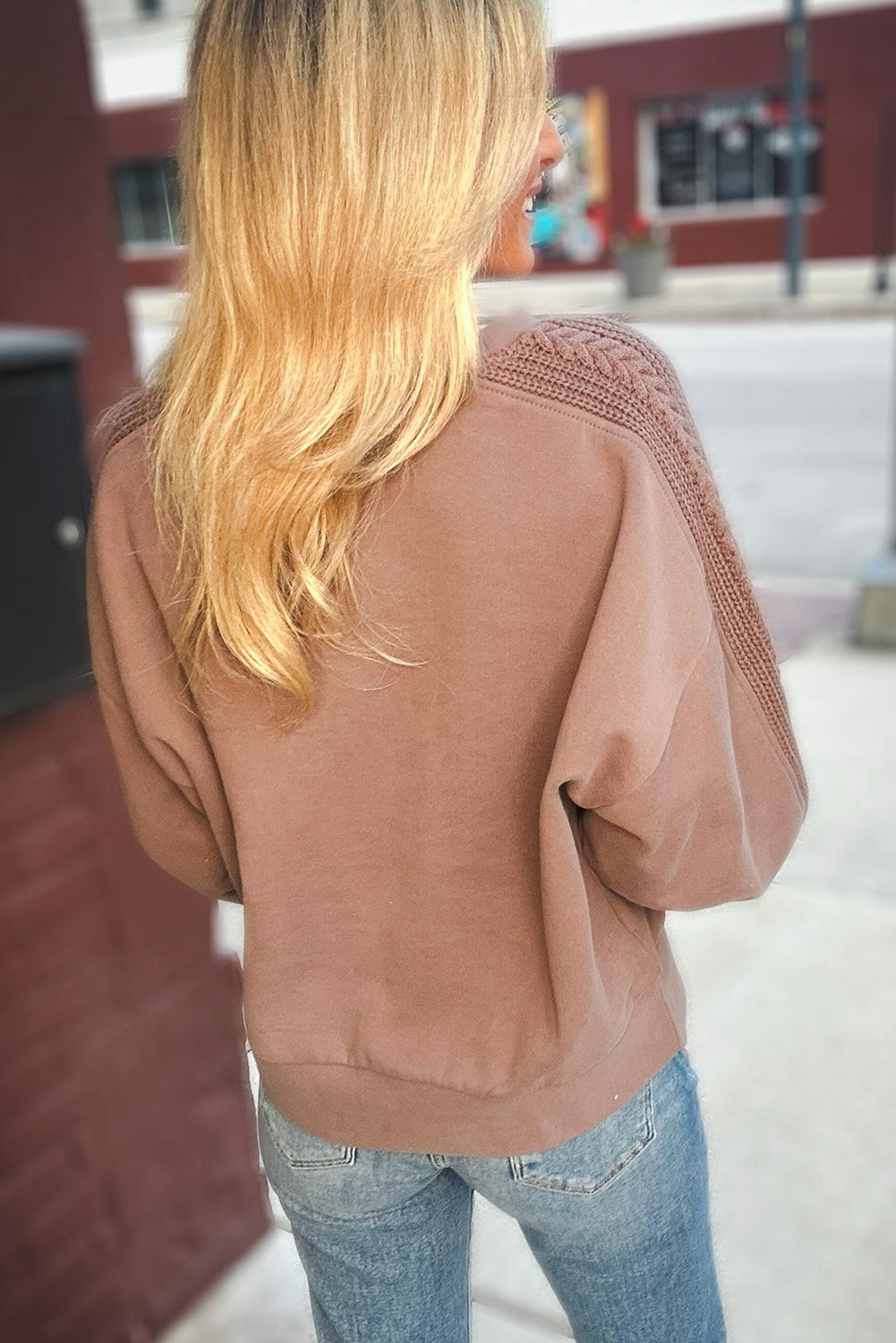 Straw Yellow Solid Color Cable Sleeve Patchwork Drop Shoulder Sweatshirt