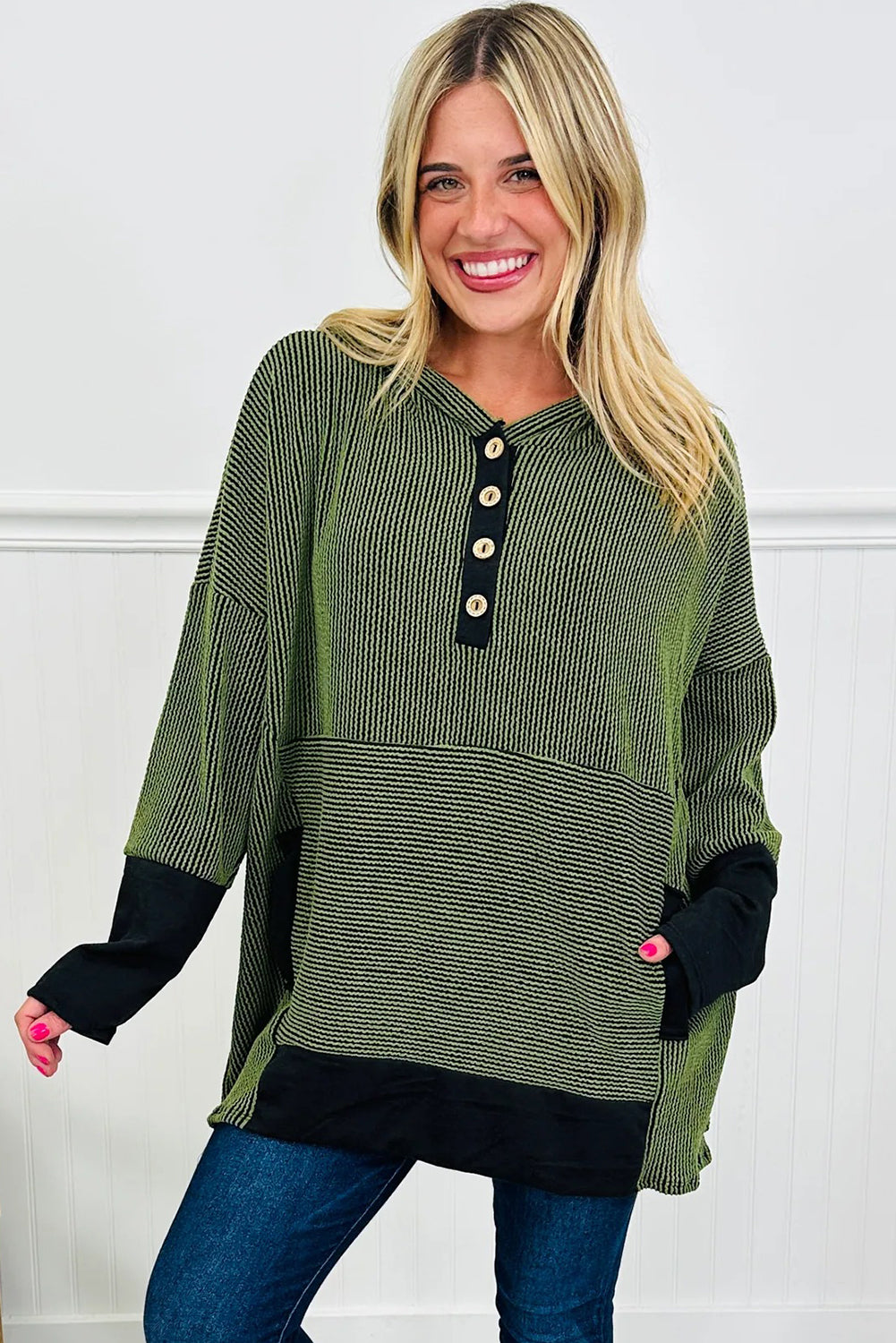 Vineyard Green Twisted Ribbed Color Block Patchwork Hooded Oversize Long Sleeve Top
