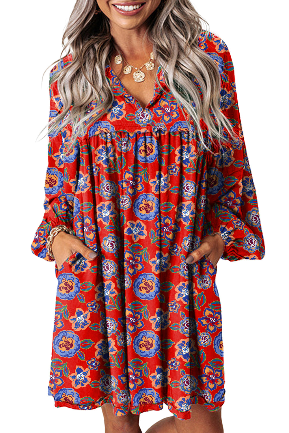 Red Floral Print Split Neck Bubble Sleeve Shift Mini Dress