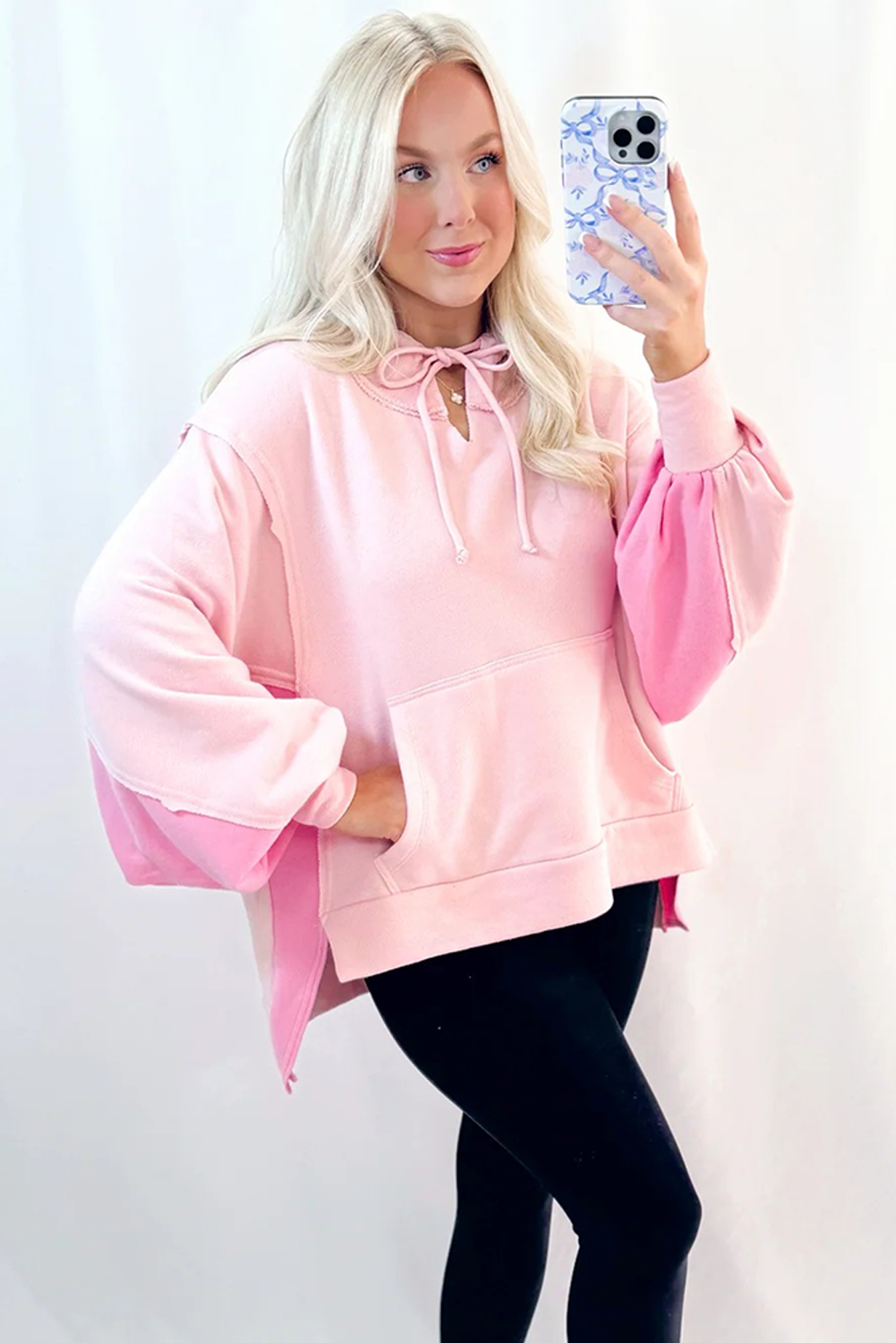 Light Pink Color Block Patchwork Balloon Sleeve Kangaroo Pouch High Low Hoodie