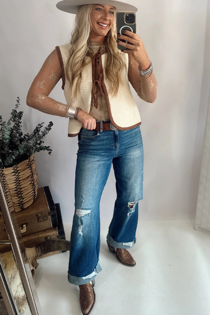 White Horizontal Ribbed Knit Contrast Trim Knot Front Sweater Vest