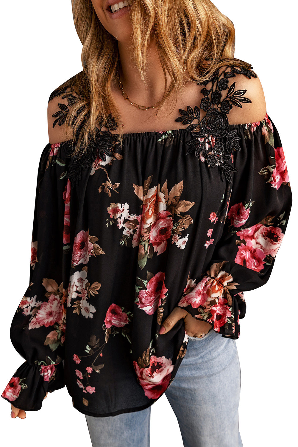 Casual Feather Print Off Shoulder Strap Blouse