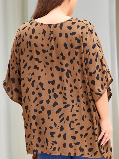 Leopard Print Batwing Sleeve Plus Size Tunic Top