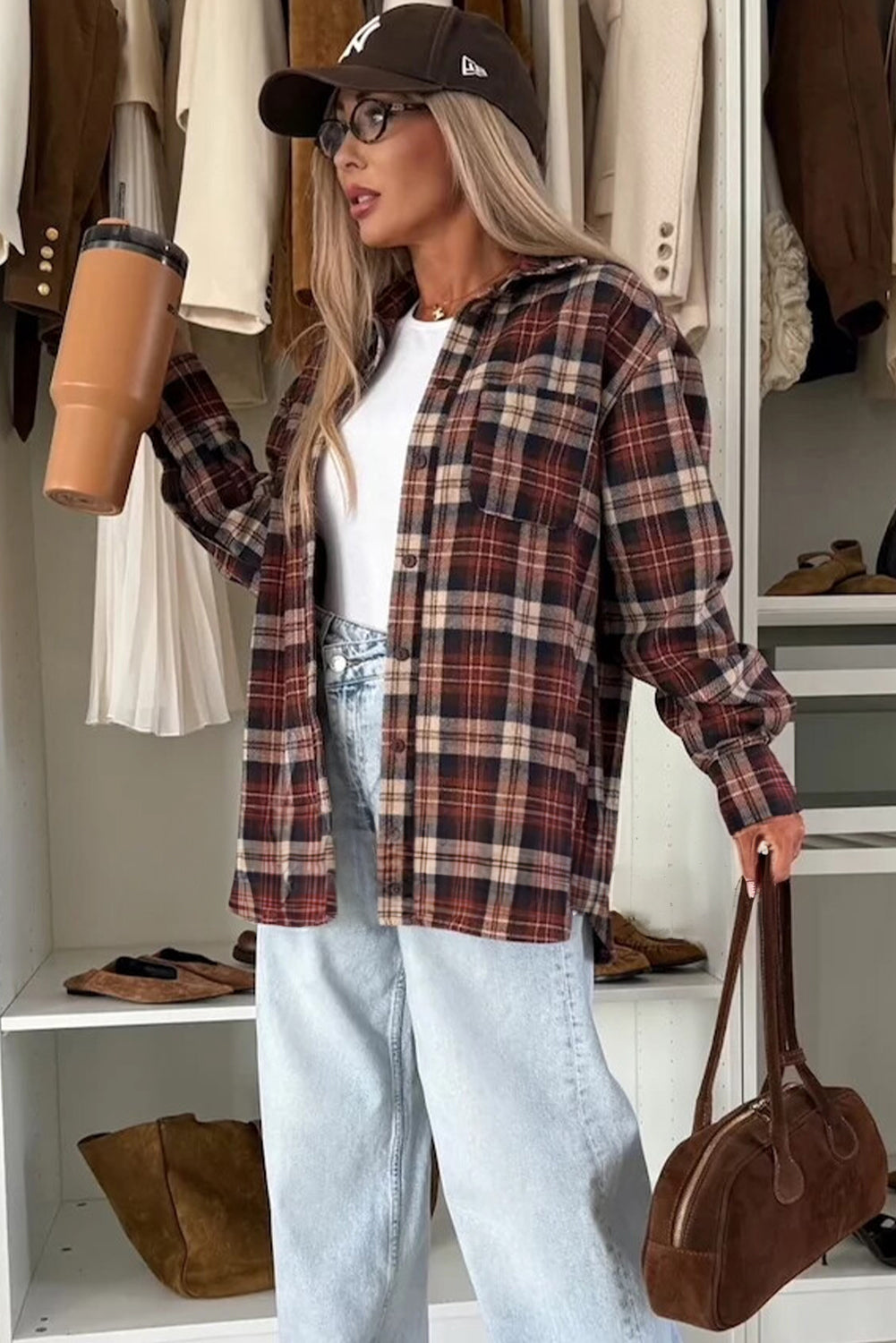 Mineral Red Flanel Plaid Single Chest Pocket Boyfriend Shacket