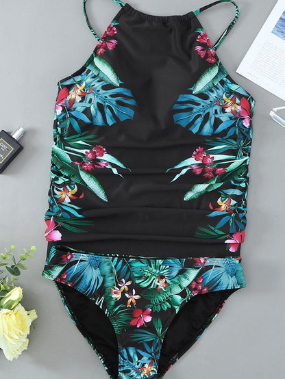 Fresh Floral High-Neck Tankini Set with Ruched Detail