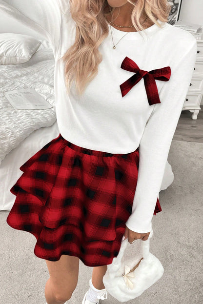 White Long Sleeve Tee Plaid Bow Decor Ruffle Mini Skirt 2pcs Set