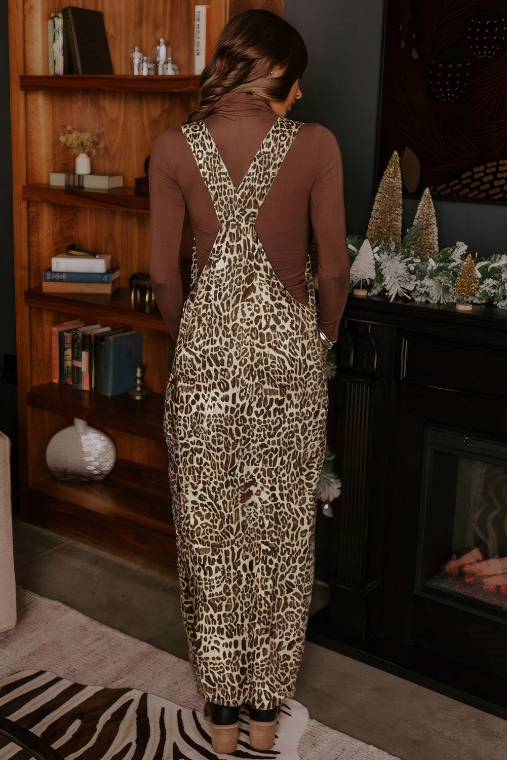 Brown  Leopard Print Straight Leg Loose Denim Overall Jumpsuit