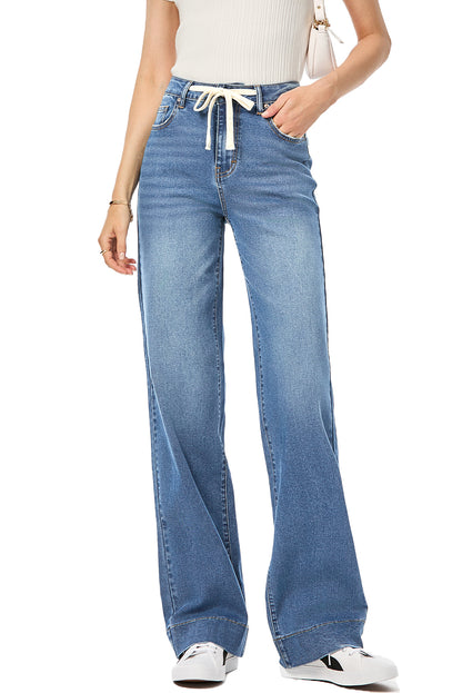 Light Blue Lace-up Button Zip Fly Straight Leg Jeans