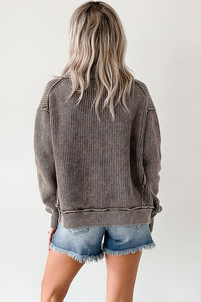 Dark Brown Mineral Wash Exposed Seam Patchwork Knit Open Sweater Cardigan