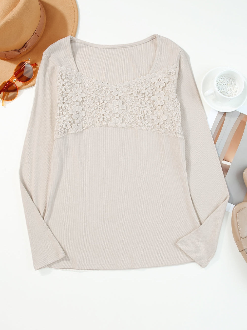 Beige Floral Lace V-Neck Sheath Top with Long Sleeves
