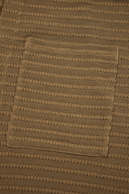 Camel Double Patch Pocket Striped Texture Knit Open Front Duster Cardigan