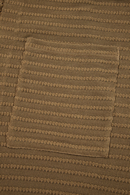 Camel Double Patch Pocket Striped Texture Knit Open Front Duster Cardigan