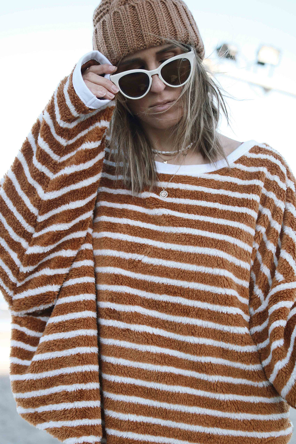 Brown Stripe Plush Drop Shoulder Round Neck Baggy Sweatshirt