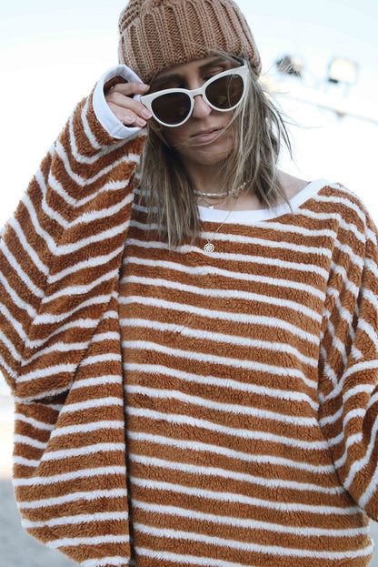 Brown Stripe Plush Drop Shoulder Round Neck Baggy Sweatshirt