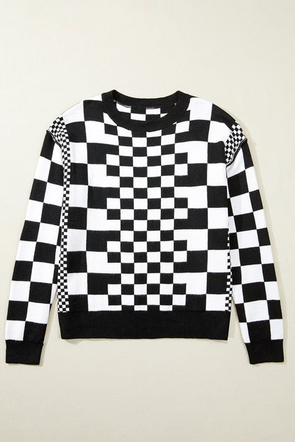 Black Checkered Print Drop Shoulder Round Neck Sweater