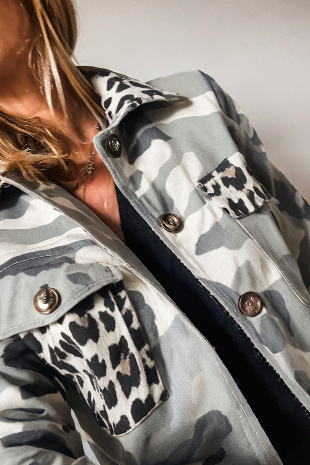 Green Camo Leopard Patchwork Flap Pocket Crop Jacket