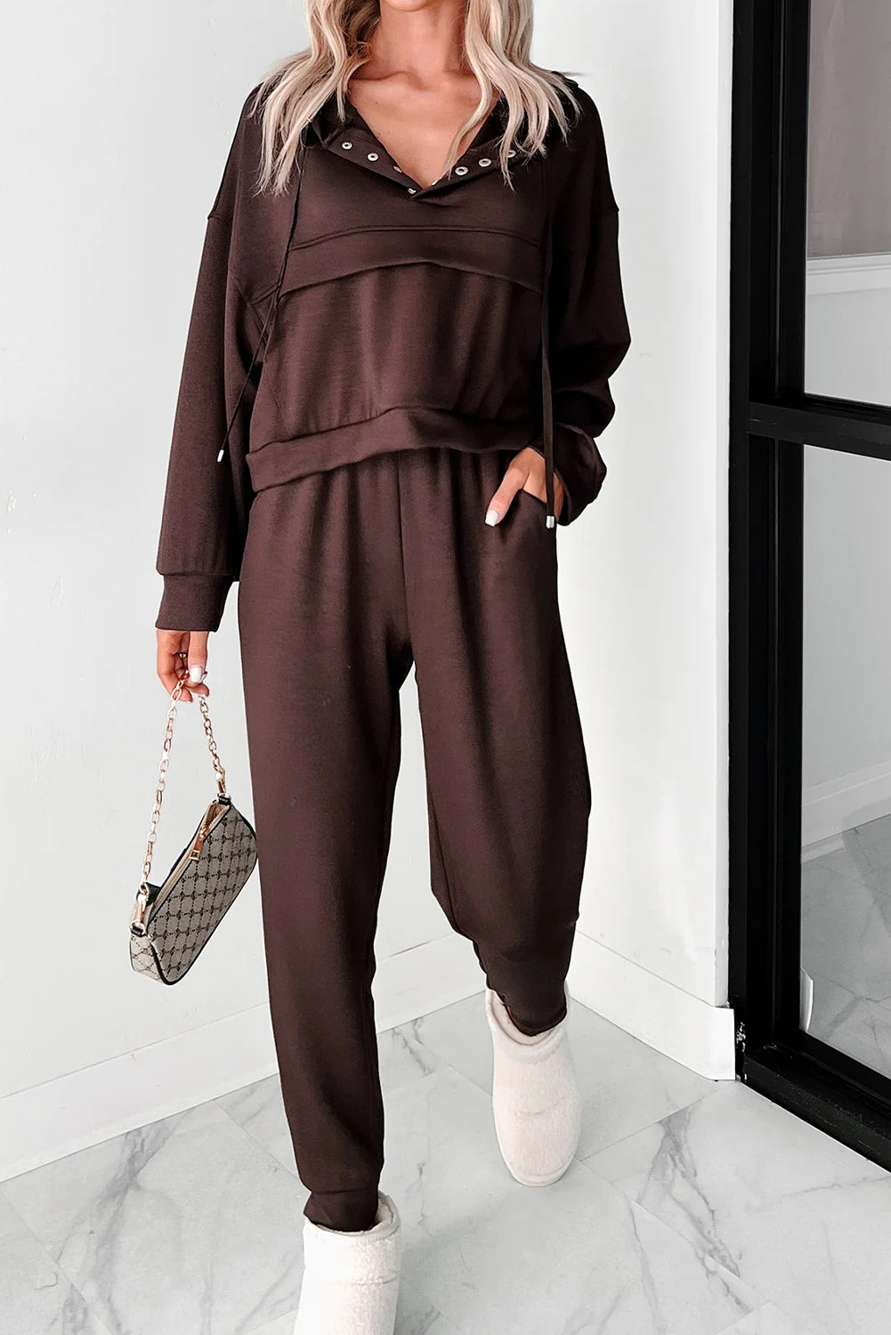 Chicory Coffee Button Drawstring Cropped Hoodie Jogger 2pcs Set