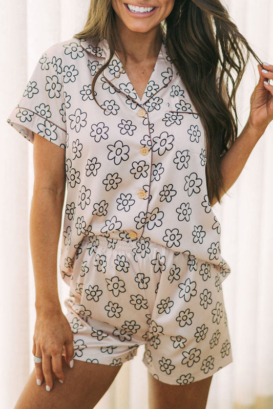 Floral Beige Pajama Set with Floret Print