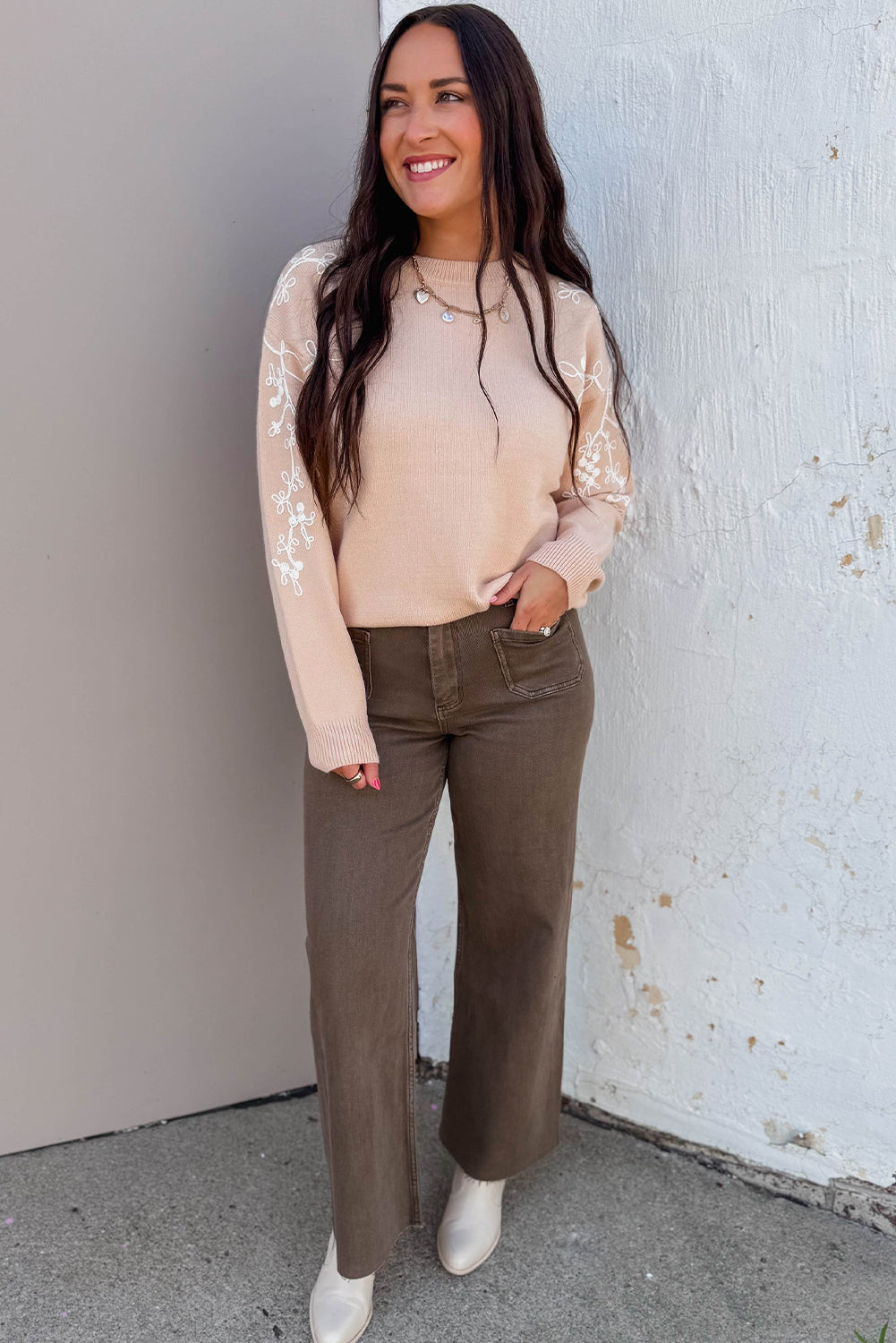 Parchment Contrast Embroidered Sleeve Ribbed Trim Casual Sweater