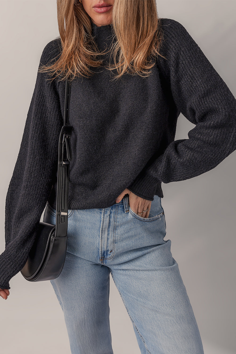 Black Solid Ribbed Knit High Neck Raglan Sleeve Sweater