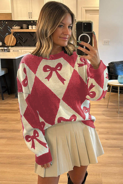 Red Bow Print 2-tone Rhombus Knit Loose Sweater