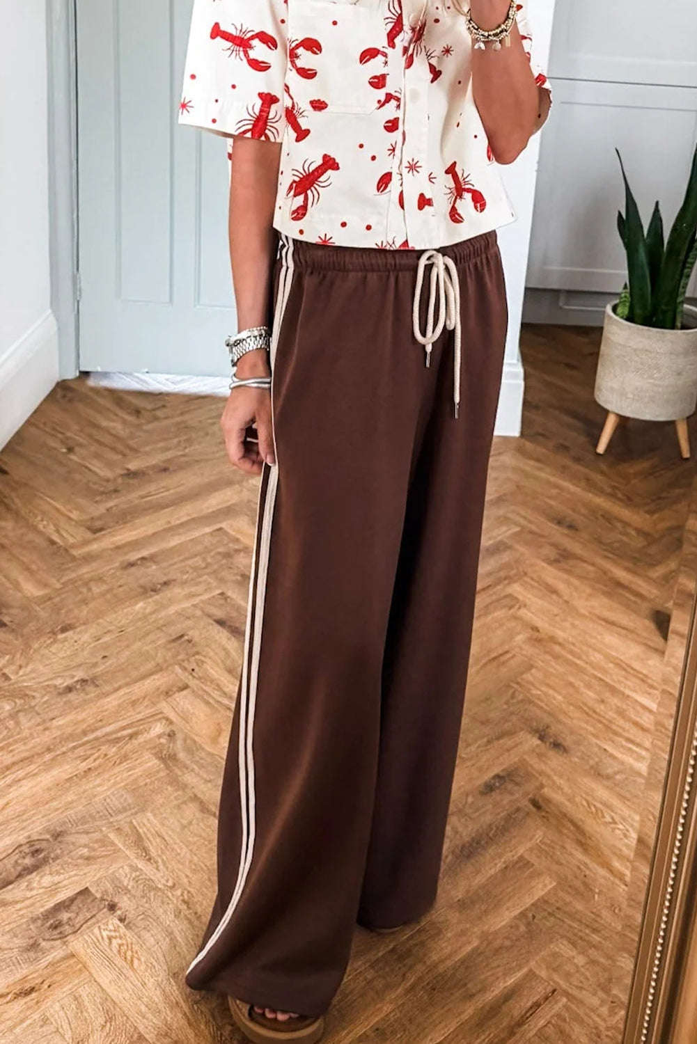 Cinnamon Varsity Striped Side Detail Drawstring Elastic Waist Wide Leg Pants