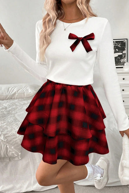 White Long Sleeve Tee Plaid Bow Decor Ruffle Mini Skirt 2pcs Set