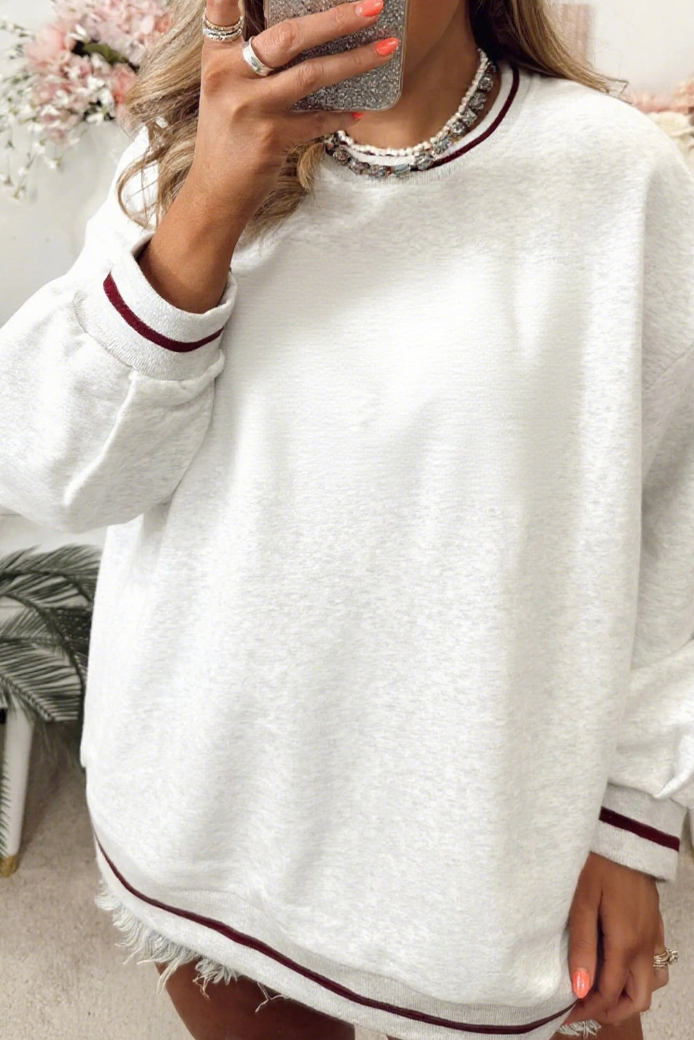 Light Grey Plus Size Striped Banding Patchwork Drop Shoulder Casual Sweatshirt