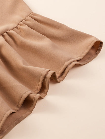 Elegant Smoke Gray Plus Size V Neck Blouse with Ruffled Batwing Sleeves