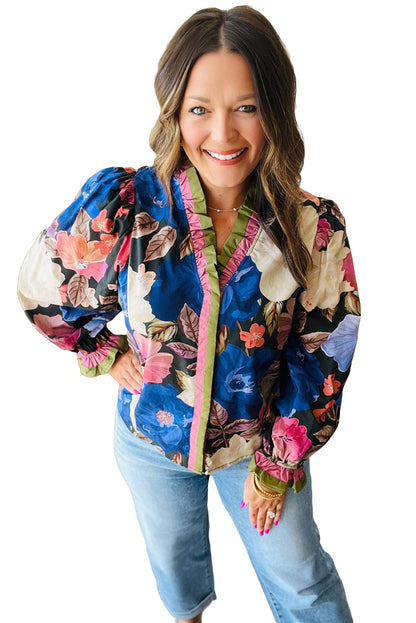 Blue Fall Leaf Floral Print Frilly Striped Trim V Neck Puff Sleeve Blouse