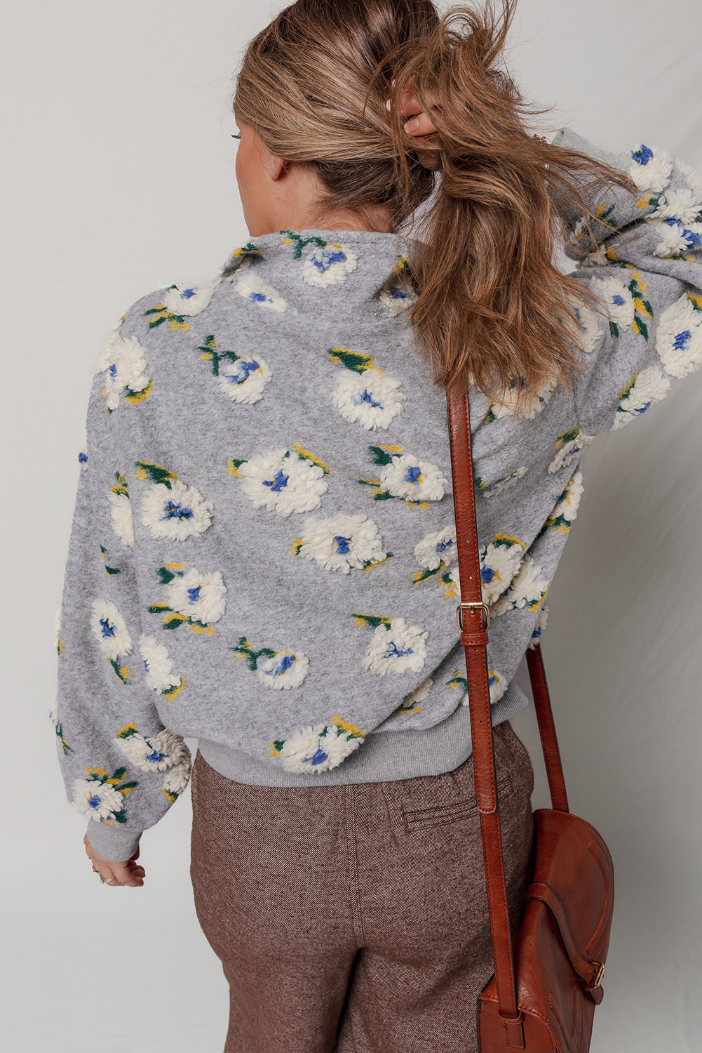 Sleet Plush Flower Pattern Zip Collar Loose Pullover Sweatshirt