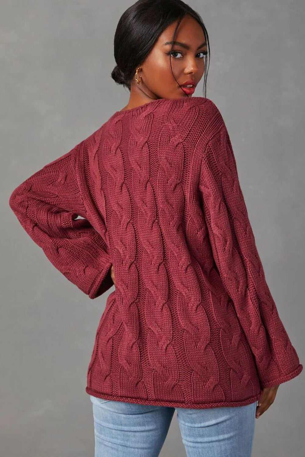 Mineral Red Round Neck Cable Knit Oversize Sweater