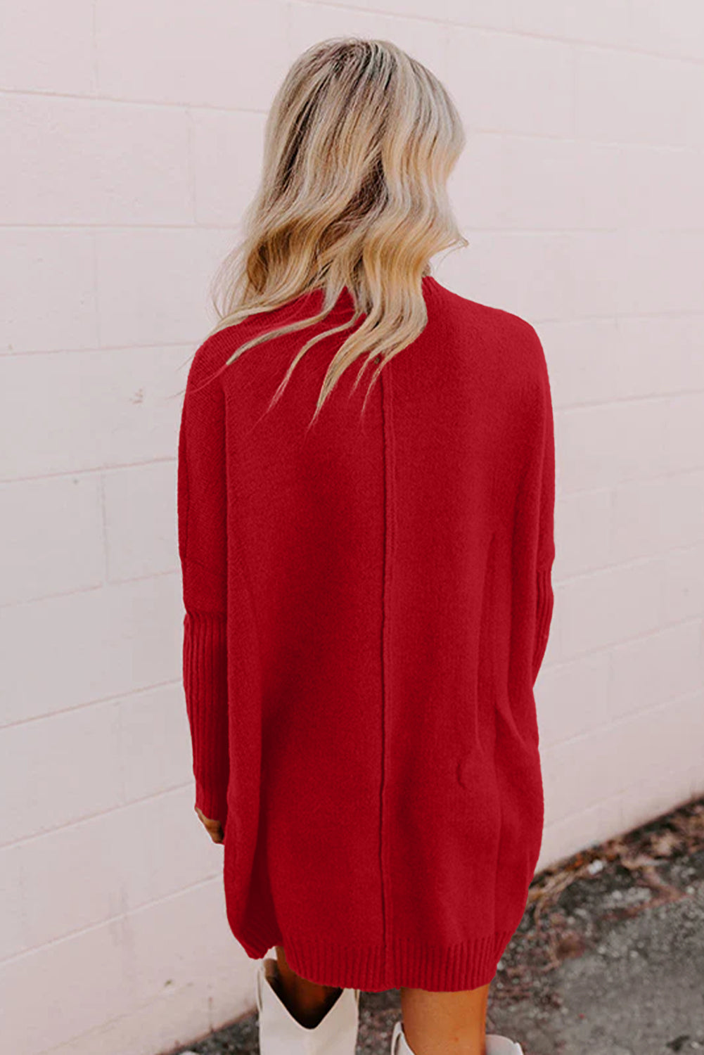 Fiery Red Ribbed High Neck Front Pockets Center Seam Shift Sweater Dress