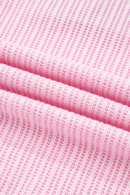 Pink Textured Knit Color Block Patchwork Button Neck Long Sleeve Top