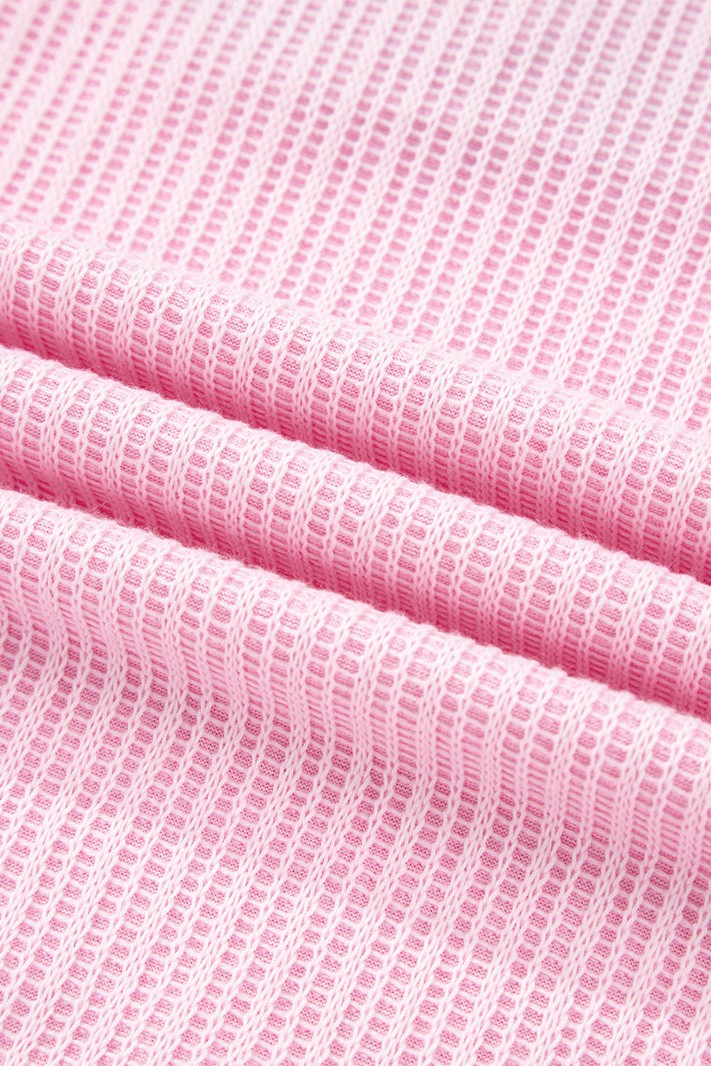 Pink Textured Knit Color Block Patchwork Button Neck Long Sleeve Top