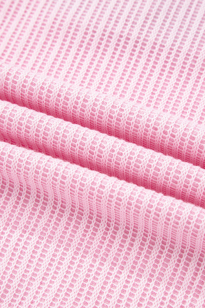 Pink Textured Knit Color Block Patchwork Button Neck Long Sleeve Top