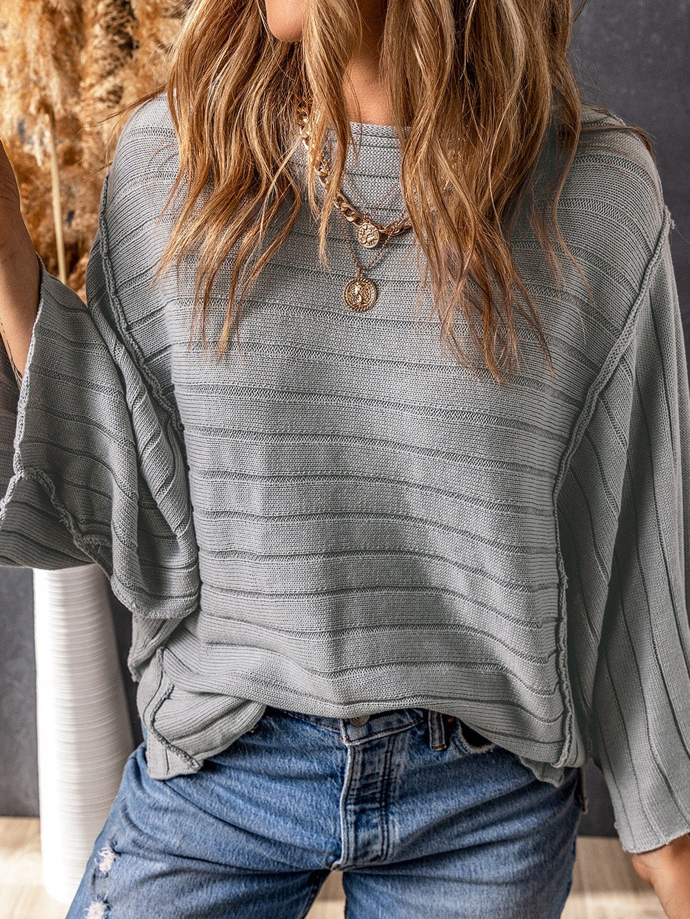 Fashionable Gray Ribbed Knit Dolman Sweater with Exposed Seams