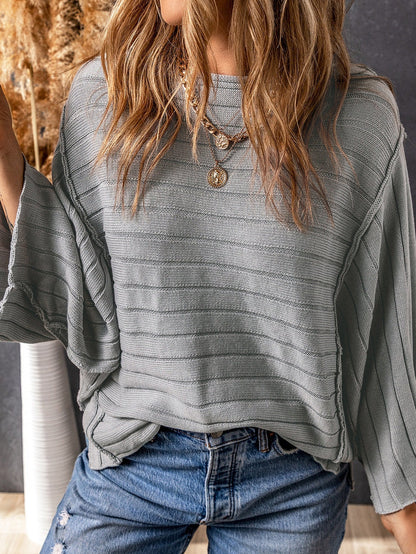 Fashionable Gray Ribbed Knit Dolman Sweater with Exposed Seams