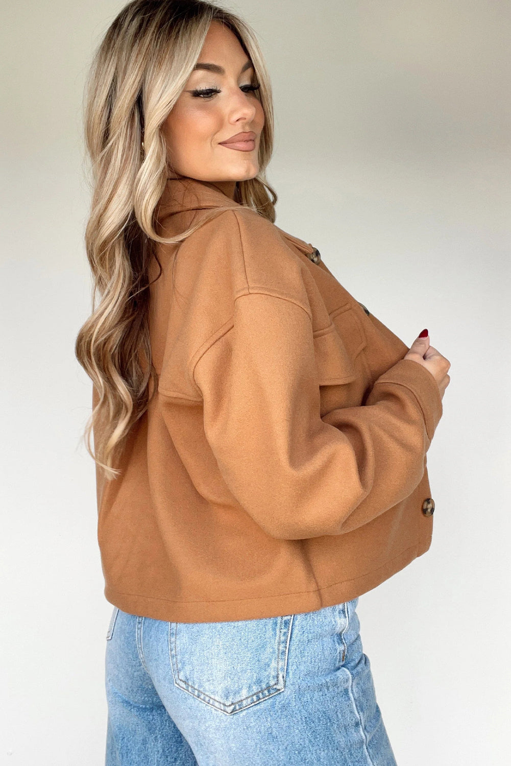 Camel Big Flap Pockets Chunky Boxy Fit Chic Jacket