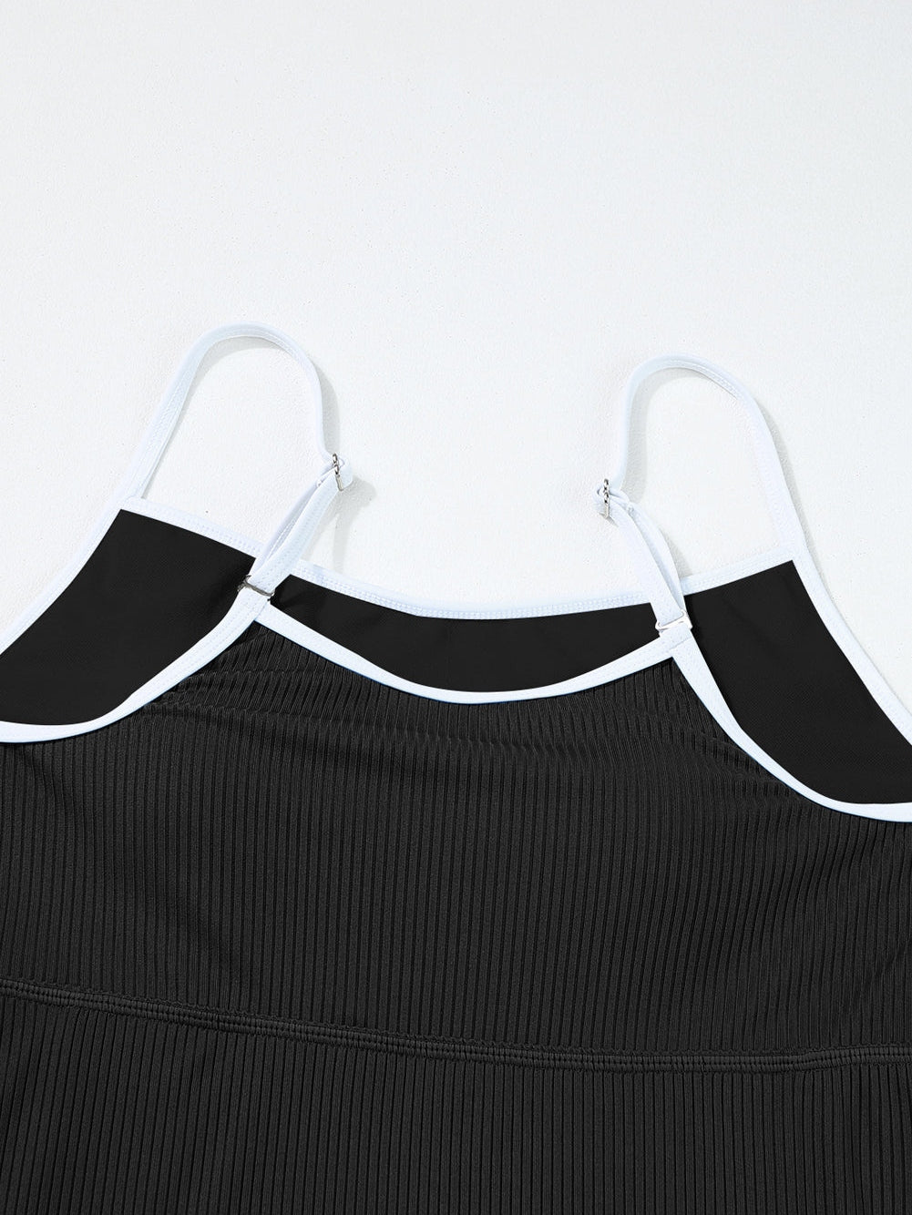 Sporty Black Ribbed Spaghetti Straps Swimdress with Flared Silhouette